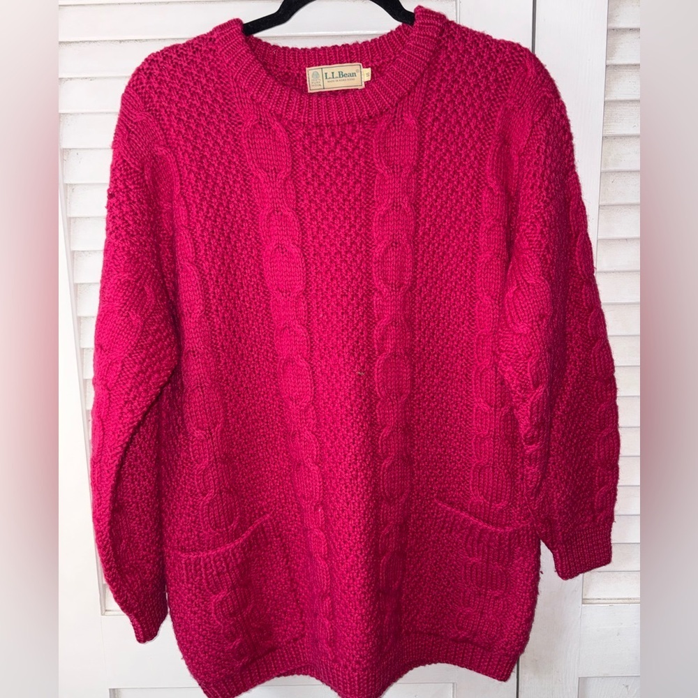 Vintage L.L.Bean Fisherman Cable Knit Wool Sweater Hot Pink Oversized Small - Picture 3 of 5